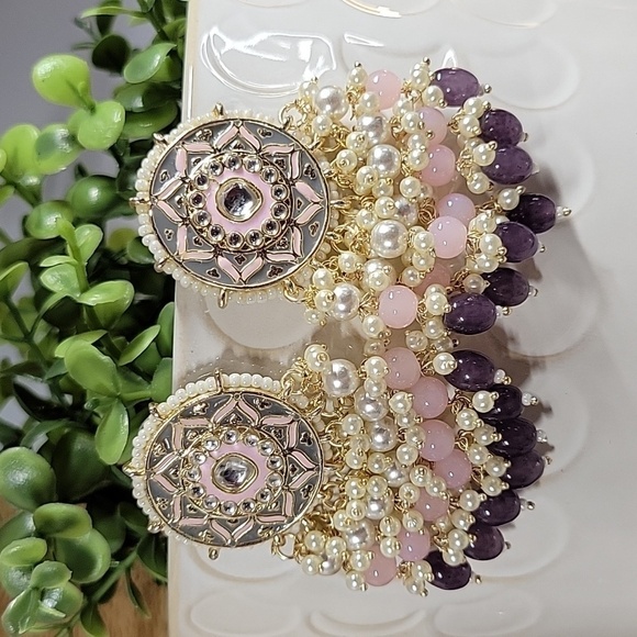 🔥LAST PAIR🔥 Bead Embellished Medallion Drop Statement  Earrings - Picture 3 of 11